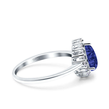 Teardrop Halo Art Deco Pear Wedding Ring Simulated Blue Sapphire CZ 925 Sterling Silver